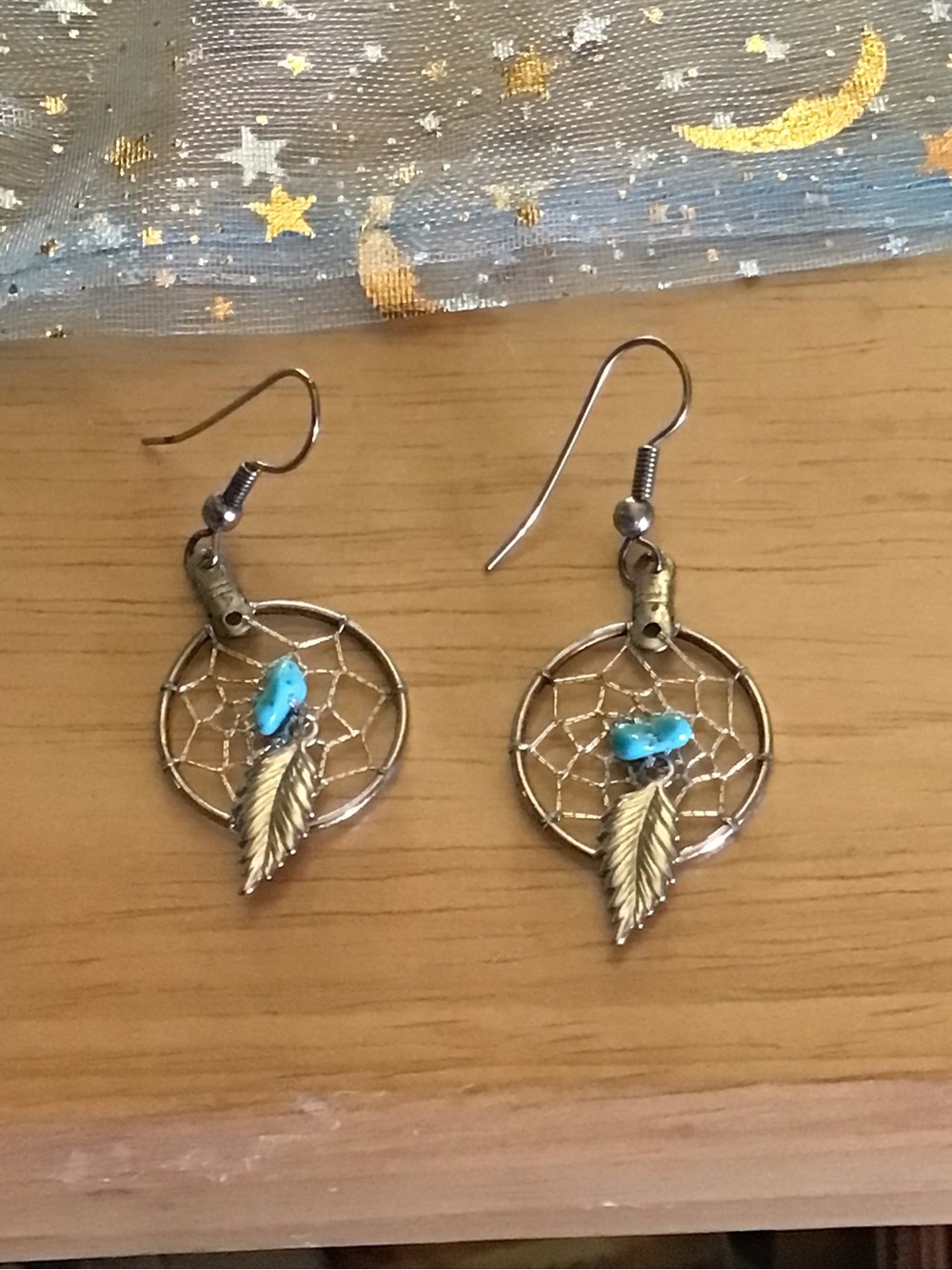 Source Unknown Antique Silver Dreamcatcher Earrings with Turquoise Beads